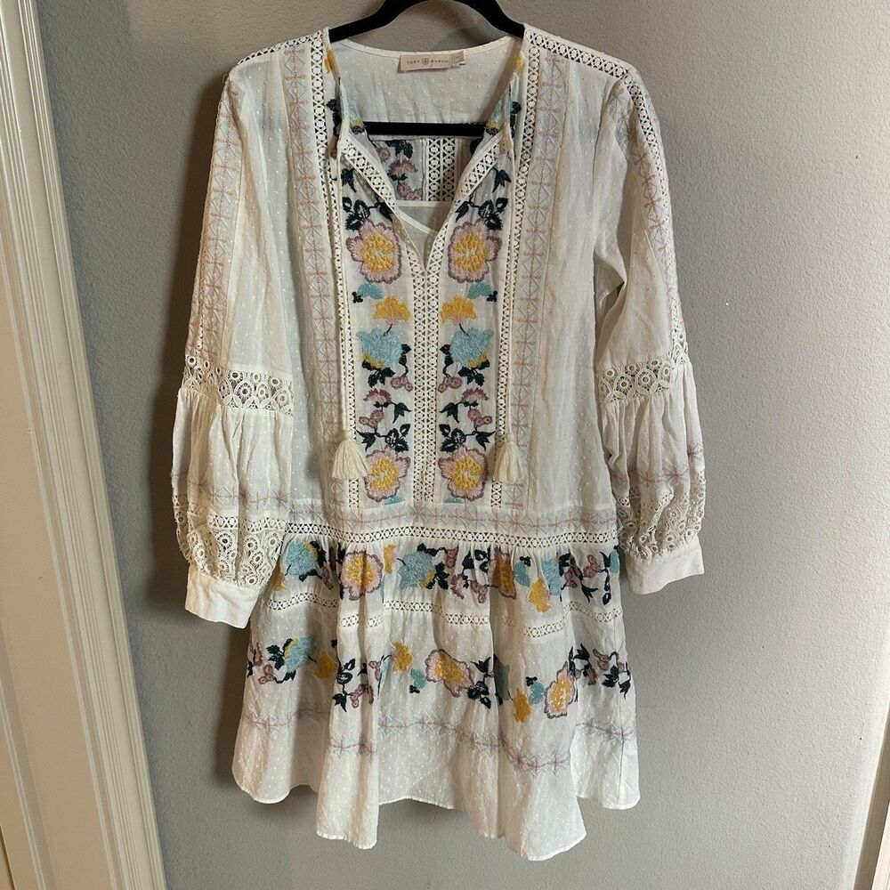 Tory Burch Embroidered Crotched Boho Hippie Tunic Mini Dress Women Size Small - Picture 2 of 9